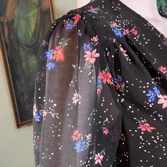 NWT New 1. State Black Blouse Floral sheer button down top shirt XS XSmall - Picture 6 of 9